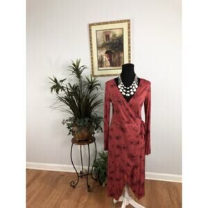 Forever 21 Women Dress L Fit &Flare Wrap Burgundy Long Sleeve Romantic Feminine